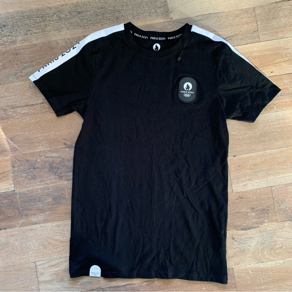 Official 2024 Paris Olympic Black White Stripe Short Sleeve T-Shirt Size Small
